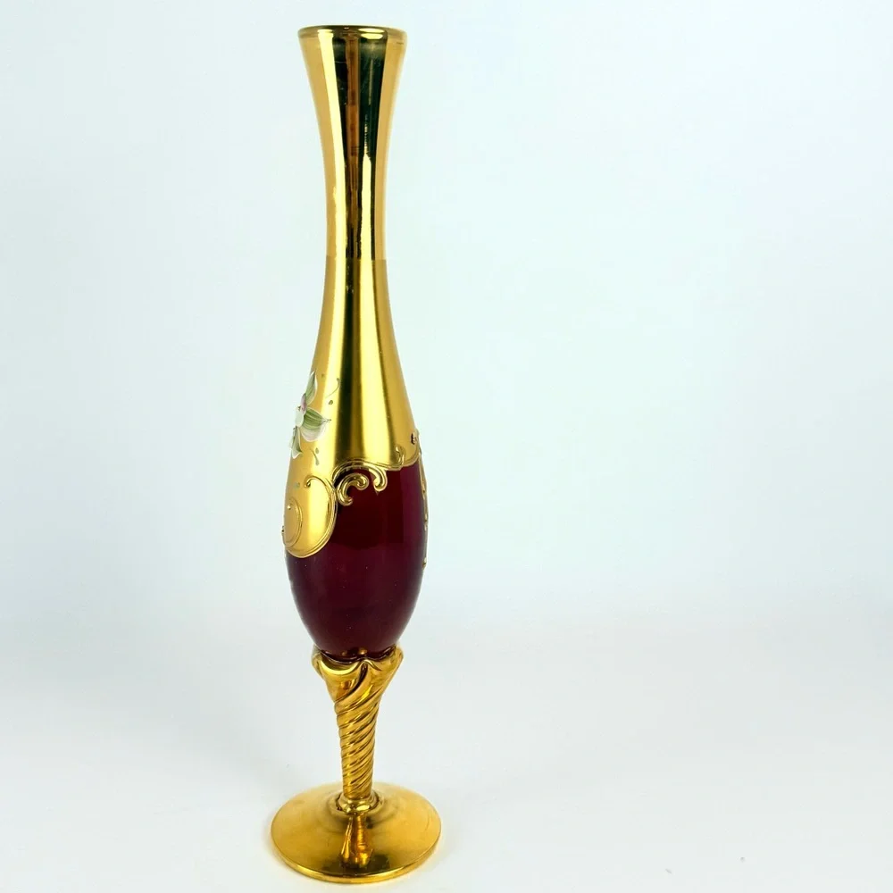 VTG Murano Venetian Ruby Glass & 24K Gold Paint 11โ Hand Painted Floral Bud Vase - Picture 9 of 16
